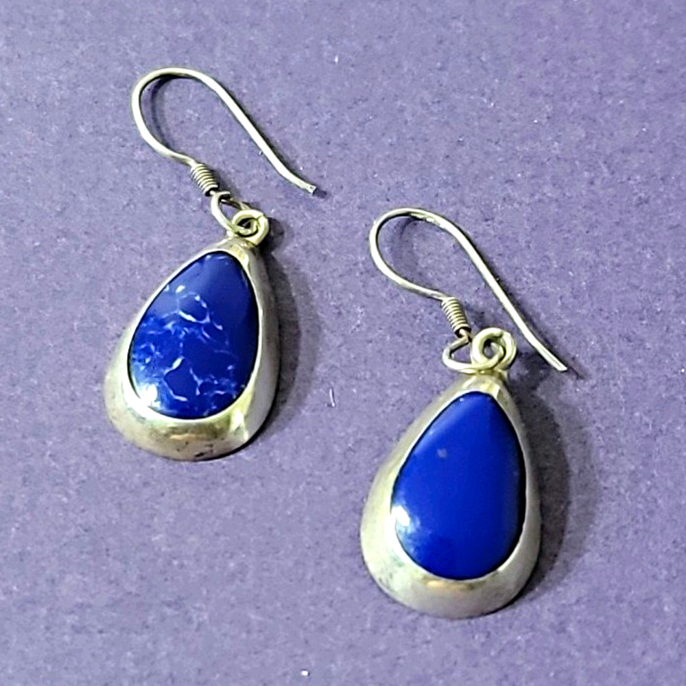 925 Sterling Silver Blue Teardrop Dangle/Drop Hook Earrings Bezel Signed